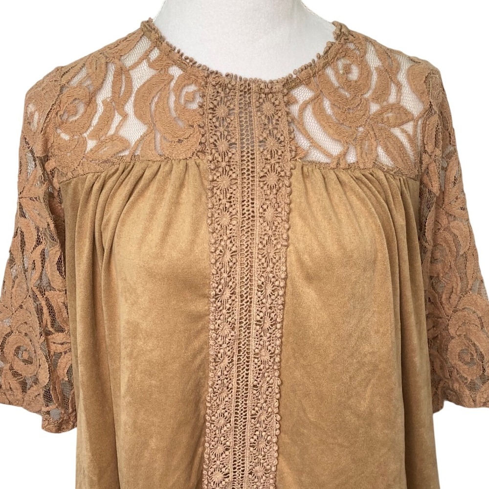 John Paul Richard Womens Tan Lace Crochet Faux‎ Suede Peasant Top Blouse Medium